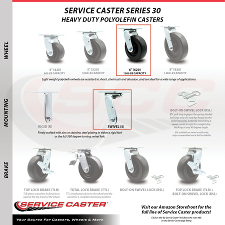 Service Caster 6 Inch Polyolefin Wheel Swivel Caster with Ball Bearing SCC-30CS620-POB